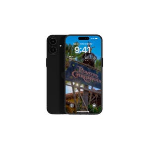 May include: A black iPhone with a screen displaying a blue sky with white clouds and a sign that reads "Pirates of the Caribbean". The time on the screen is 9:41 AM.