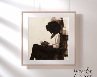 Abstract Oil Painting Black Woman Reading Book, Black Art Print, Black Woman Portrait, Printable Wall Art, African American Art, Gift Print
