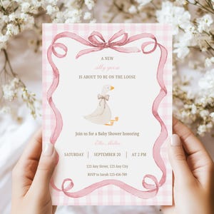 May include: A baby shower invitation in pink and white gingham pattern, featuring a watercolor illustration of a goose. The text reads "A new silly goose is about to be on the loose." Details of the event are included.