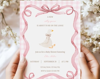 Pink Gingham Silly Goose Baby Shower Invitation, Bow Goose Invite, DIGITAL DOWNLOAD