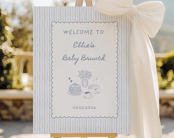 Bewerkbaar welkomstbord babybrunch, blauw gestreept babyshowerbord, digitale DOWNLOAD
