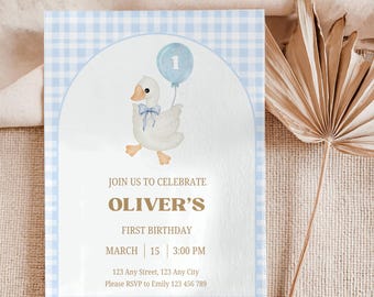 Blue Gingham Silly Goose 1st Birthday Invitation Template, One Silly Goose Invite, Silly Goose is turning One, Boy's First Birthday Party