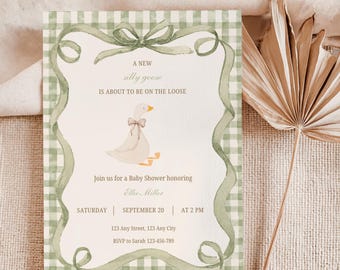 Green Gingham Silly Goose Baby Shower Invitation Template, A New Silly Goose is about to be on the loose, Baby Shower Invite, Goose Theme