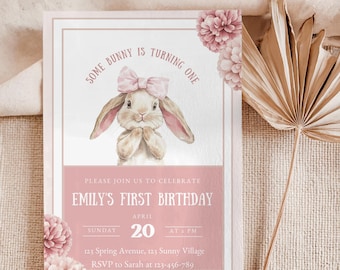 Some Bunny is One Birthday Invitation, Girl's Bunny Birthday Party Invite, Coquette Pink Some Bunny is turning One Invitation Template