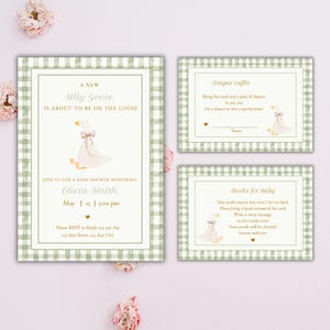 Green Gingham Silly Goose Baby Shower Invitation Set, Diaper Raffle and Books for Baby Cards, Goose Theme Party, Gender Neutral Goose Invite