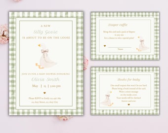 Green Gingham Silly Goose Baby Shower Invitation Set, Diaper Raffle and Books for Baby Cards, Goose Theme Party, Gender Neutral Goose Invite