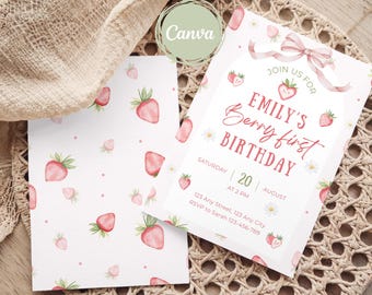 Plantilla de invitación para primer cumpleaños de bayas, invitación de cumpleaños de fresa, invitación para el primer cumpleaños de niña, linda invitación de cumpleaños de verano, margarita