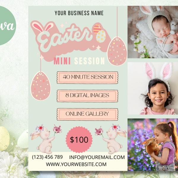 Easter mini session template for photographers, Easter photo session flyer, Editable Canva template