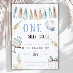 Editable One Silly Goose Birthday Invitation, Boy 1st Birthday Invite, Geese Theme Party Invite, Blue Silly Goose Invitation