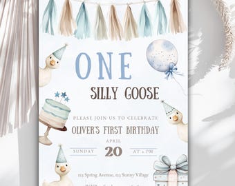 Editable One Silly Goose Birthday Invitation, Boy 1st Birthday Invite, Geese Theme Party Invite, Blue Silly Goose Invitation