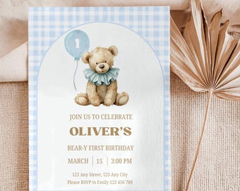 Boy's Beary First Birthday Invitation, Blue Gingham, Bear Theme Birthday, Teddy Bear Invite, 1st Birthday Boy, Cute Bear with Balloon