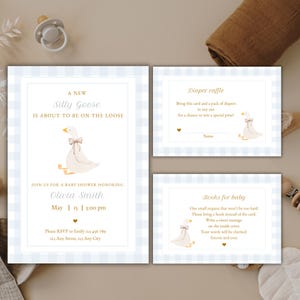 Ensemble d'invitations modifiable pour baby shower Silly Goose, modèle d'invitation de babyshower Silly Goose vichy bleu, kit de fête Silly Goose garçon