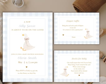 Ensemble d'invitations modifiable pour baby shower Silly Goose, modèle d'invitation de babyshower Silly Goose vichy bleu, kit de fête Silly Goose garçon