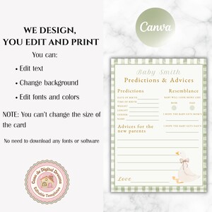 May include: A printable baby shower game template with a green gingham border. The design includes fields for predictions and advice, with a watercolor illustration of a goose. Text on the template reads "Baby Smith Predictions & Advices".