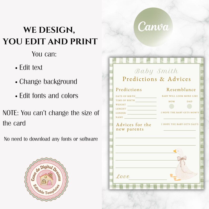 May include: A printable baby shower game template with a green gingham border. The design includes fields for predictions and advice, with a watercolor illustration of a goose. Text on the template reads "Baby Smith Predictions & Advices".