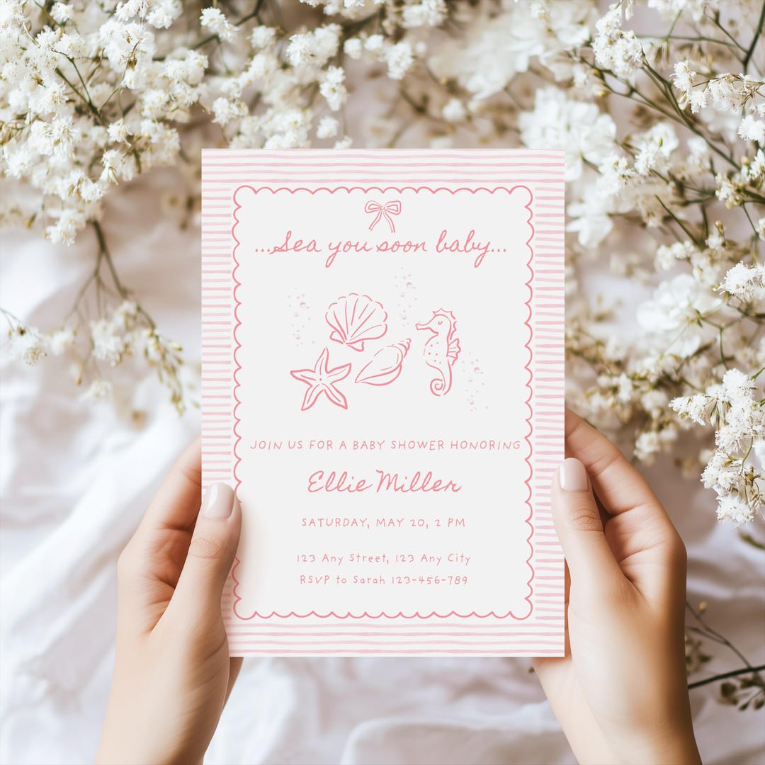 Pink Sea You Soon Baby Shower Invitation, Hand Drawn Coastal Invite ...