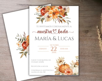 Invitaciones de Boda, Spanische Hochzeitseinladung, Nuestra Boda, Herbsthochzeit einladen, Floral, Invitacion de Boda con Flores, digitaler Download