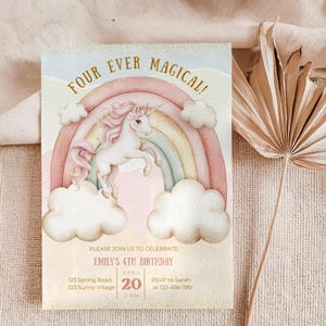 Invito per il 4° compleanno a tema unicorno, invito "Four Ever Magical", invito per festa arcobaleno, festa magica, invito modificabile per compleanno bambina con colori pastello