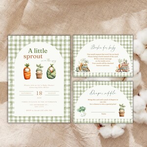 May include: Baby shower invitation set with a green gingham pattern. The invitation features the text "A little sprout is on the way" with illustrations of baby sprouts. Includes a diaper raffle and book request cards.