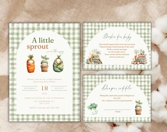 A Little Sprout Baby Shower Invitation Suite, Gender Neutral , Locally Grown, Farmer's Market Baby Shower, Farm Baby Shower, Green Gingham