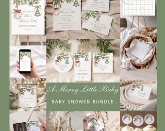May include: A baby shower bundle with a festive winter design. The set includes invitations, thank you cards, and cupcake toppers. The decorations feature illustrations of pine branches, baubles, and Christmas trees. The text reads "A Merry Little Baby".