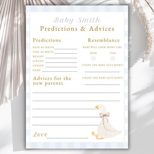 Modèle de carte prédictions et conseils pour baby shower Silly Goose, voeux de bébé, Silly Goose Vichy bleu imprimable, activités de baby shower