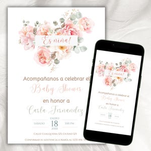 Spanish Pink Floral Baby Shower Invitation Girl, Spain Baby Shower Evite, Es Niña Baby Shower Invitacion Flores, Dusty Pink Baby Shower