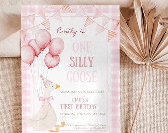 May include: Pink and white gingham patterned invitation with a white goose holding pink balloons. The text reads "Emily is One Silly Goose. Please join us to celebrate Emily's First Birthday. Saturday, 15th April, at 3 PM. 123 Spring Avenue, 123 Sunny Village. RSVP to Sarah at 123-456-789"