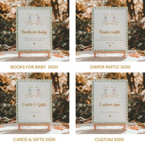 May include: Four signs with a light green gingham border and a wooden easel. Each sign has a different message in gold lettering: "Books for baby", "Diaper raffle", "Cards & Gifts", and "Custom sign". Each sign features a pair of cartoon geese.