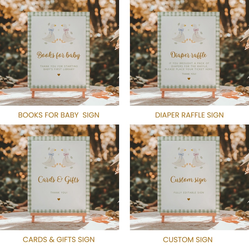 May include: Four signs with a light green gingham border and a wooden easel. Each sign has a different message in gold lettering: "Books for baby", "Diaper raffle", "Cards & Gifts", and "Custom sign". Each sign features a pair of cartoon geese.