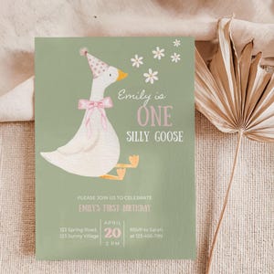 Sage Green One Silly Goose Birthday Invitation, Green and Pink Girl's 1st Birthday Invite, Vintage Goose Invitation, Gingham