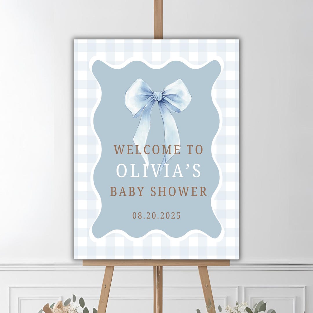 Editable Blue Bow Baby Shower Welcome Sign Template, Coquette, Dusty ...