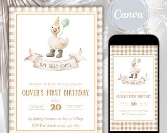 May include: A printable invitation for a first birthday party with a cute cartoon goose wearing a party hat and holding a balloon. The invitation has a brown and white gingham background and the text "One Silly Goose" and "Oliver's First Birthday".