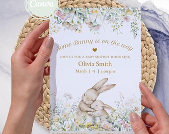 Adorable Floral Some Bunny is on the way Baby Shower Invitation Template, Cute Bunny Theme Baby Shower Party Invite, Wildflower Bunny Invite