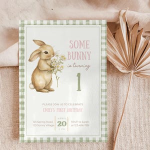 Editable Some Bunny is One Invitation, Bunny Birthday Party Invite, Green Gingham, Floral Spring Rabbit invitation