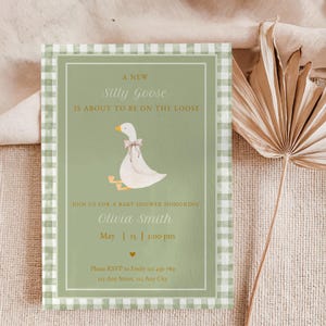 Sage Green Silly Goose Baby Shower Invitation Template, Gender Neutral Silly Goose Baby Shower, Green Gingham Goose Invite