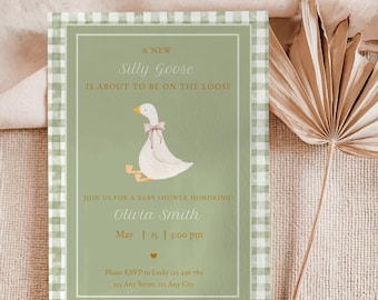 Sage Green Silly Goose Baby Shower Invitation Template, Gender Neutral Silly Goose Baby Shower, Green Gingham Goose Invite