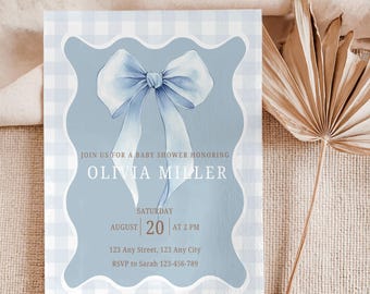 Modèle d'invitation de baby shower avec noeud bleu, ruban bleu, invitation baby shower coquette, invitation de baby shower garçon bleu, noeud vichy bleu
