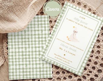 Green Gingham Silly Goose Baby Shower Invitation Template, Gender Neutral Silly Goose Invite, Green Baby Shower Evite, Vintage Baby Shower