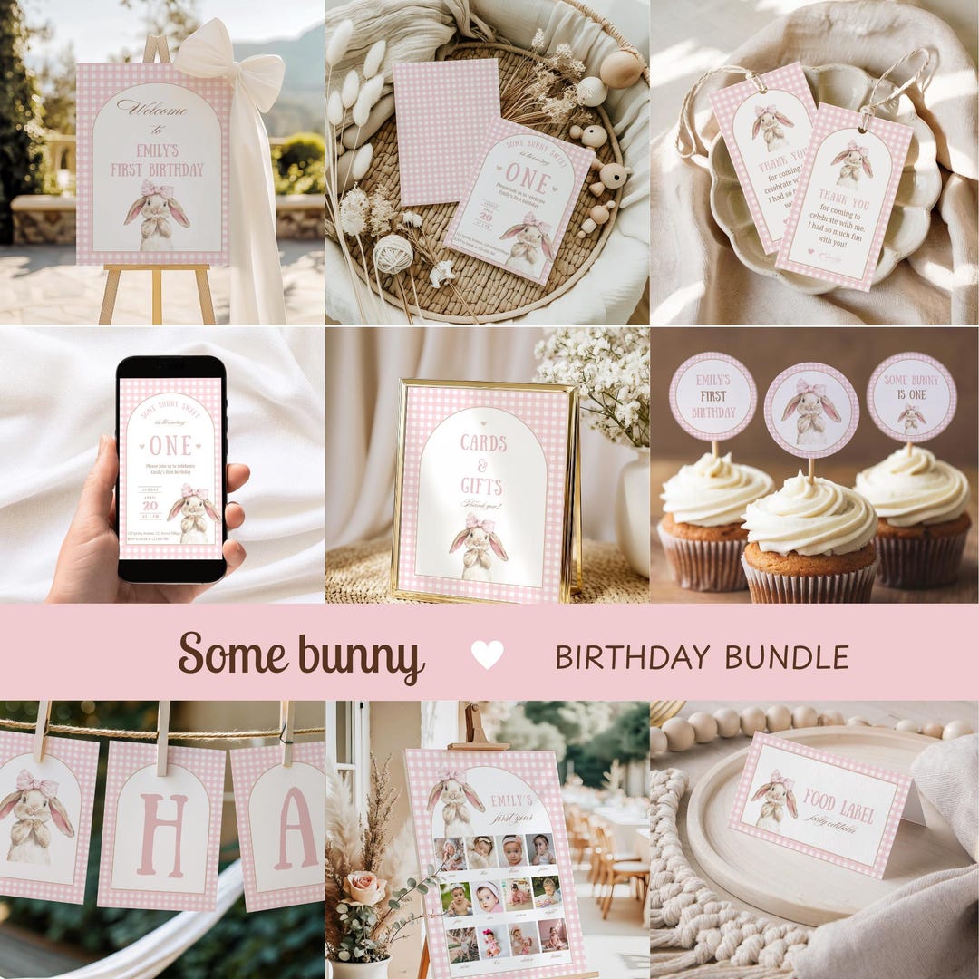 Coquette Bunny 1st Birthday Bundle, Pink Gingham Birthday Party Package ...