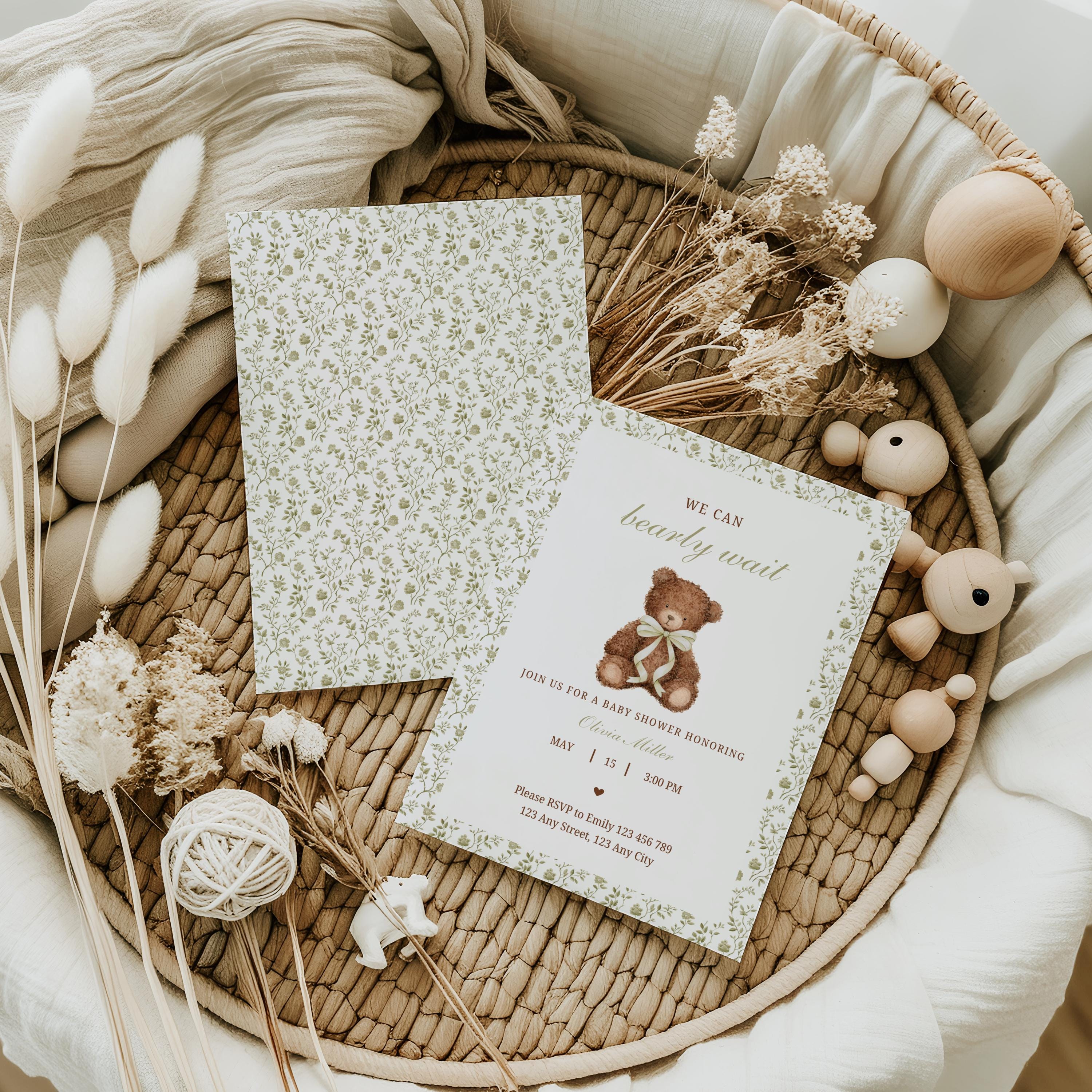 Editable Sage Green Bear Baby Shower Invitation, We Can Bearly Wait ...