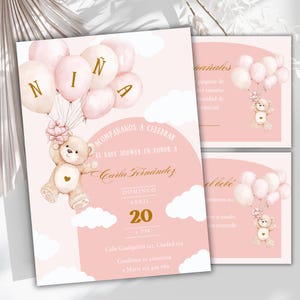 Convite Editável para Chá de Bebê Urso Rosa em Espanhol, Convite Es Niña, Convite Urso com Balão, Fiesta de Bebe, Rifa de Pañales