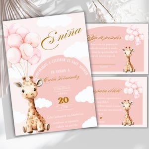 Bearbeitbare Giraffen-Babypartyeinladung auf Spanisch, Safari-Thema-Babyparty einladen, Boho Giraffe Pink Ballons Babypartyeinladungs-Set