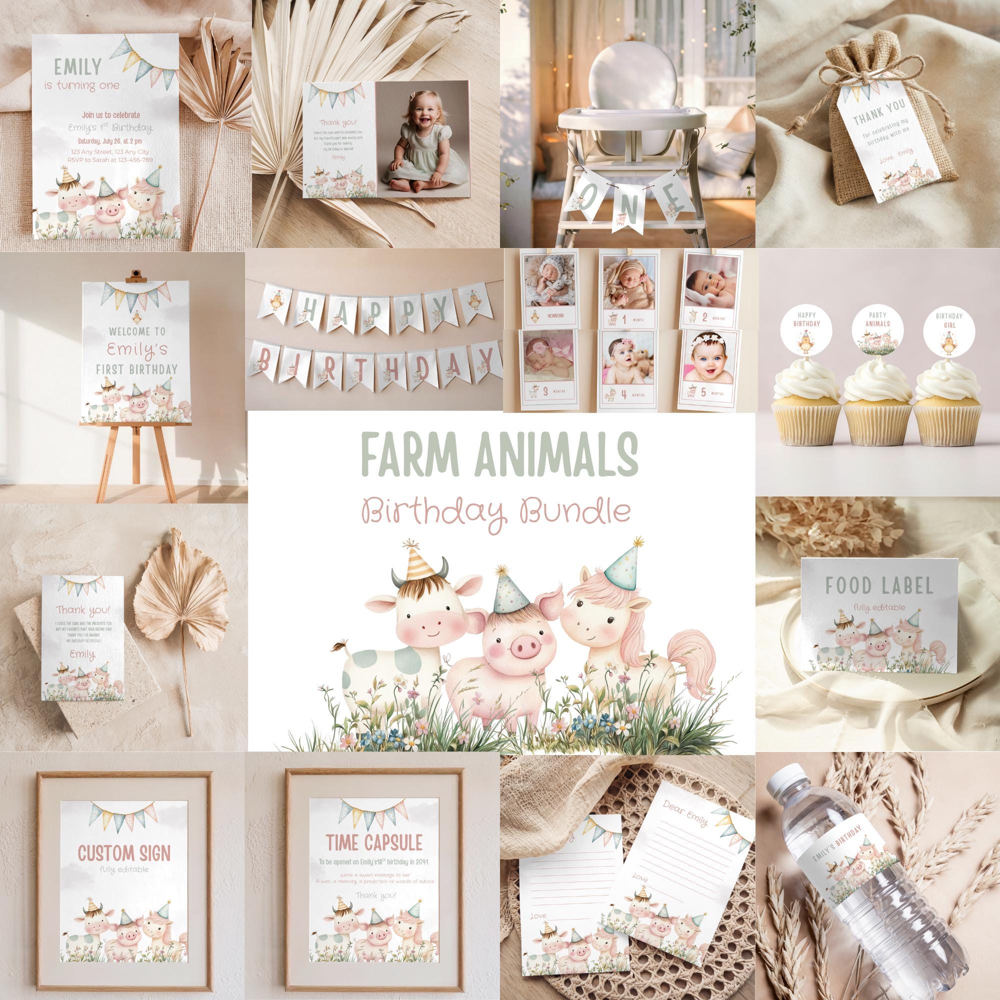Editable Farm Animal Birthday Bundle, Pastel Color Farm Theme Birthday Paty Package, Barn Animal Party Invite, Barnyard Ranch Birthday Decor