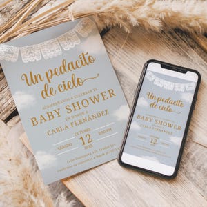 May include: A light blue baby shower invitation with gold text and a decorative banner. The invitation reads "Un pedacito de cielo" and includes details for Carla Fernández's baby shower on October 12th at 3:00 PM. A smartphone displays the same invitation.