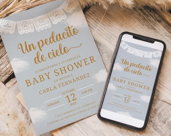 Blau Un Pedcito de Cielo Einladung, Spanische Babypartyeinladung, DIGITAL DOWNLOAD