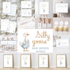 Lot Silly Goose Baby Shower, Pack fête Silly Goose Vichy bleu, Faire-part de baby shower garçon Oie, décorations de baby shower d&#39;oies
