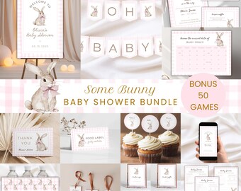 Editable Coquette Baby Shower Bundle, Bunny Theme, Pink Gingham Background, Pink Baby Shower Package, Cute Bunny Baby Shower Templates