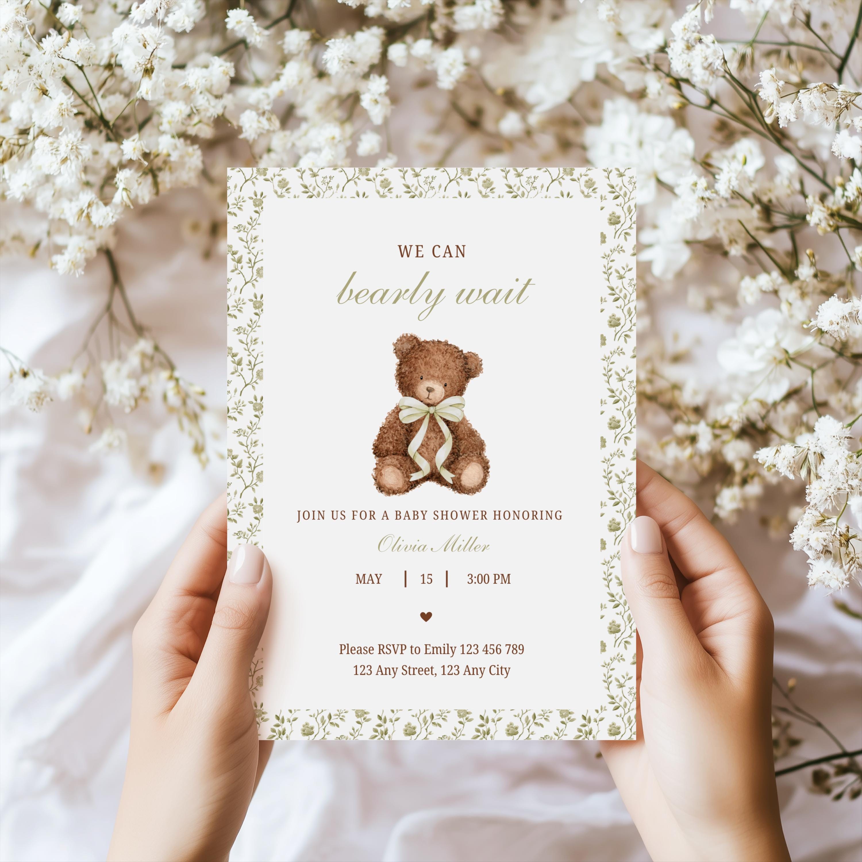 Editable Sage Green Bear Baby Shower Invitation, We Can Bearly Wait ...