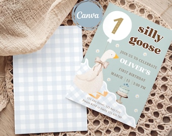 Editable One Silly Goose Birthday Invitation, Boy's First Birthday Invite, Blue Gingham, Goose Theme, Vintage Goose 1st Birthday Invite